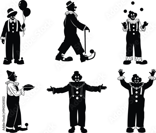 Clown silhouettes, circus performance, juggling act, comedy figure, funny character, carnival show, entertainment pose, playful gesture, amusement, festival, costume, humor
