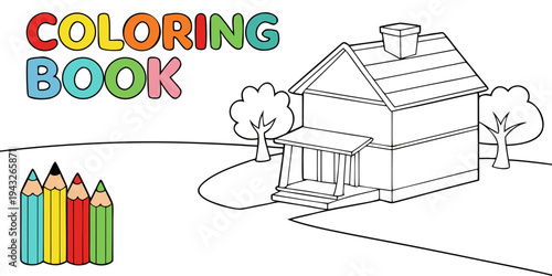A charming house with a tree and a bird on the roof in a coloring book illustration