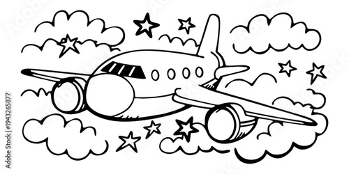 A black and white illustration of an airplane flying through the sky with stars and clouds.