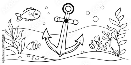 A vintage anchor with a ship's wheel and fish in a serene underwater scene