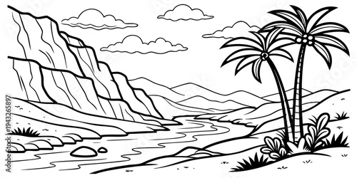 A serene tropical beach scene with palm trees and a mountain in the background