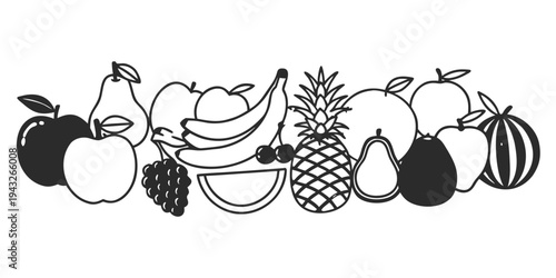 A variety of fruits including apples, bananas, grapes, pineapple, and pears arranged in a row