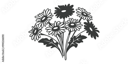 A detailed illustration of a bouquet of flowers with various types of blooms and leaves