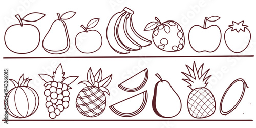 Assorted fruits including apples, bananas, grapes, pineapples, and pears