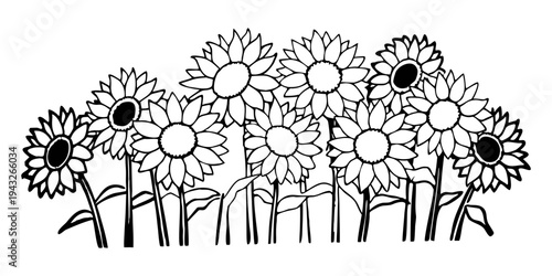 A whimsical illustration of a variety of flowers and plants with smiling faces
