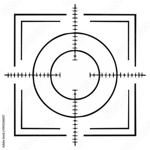 Black and white reticle crosshairs with a circular targeting scope on a clean background