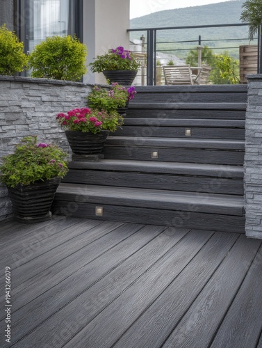 Exterior composite deck and stairs with potted flowers low angle architectural detail modern home design backyard patio