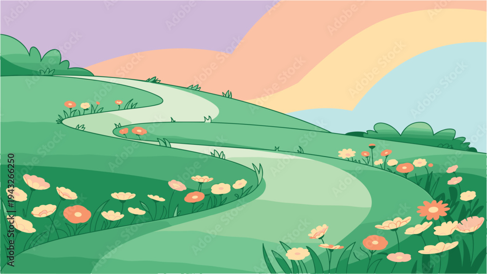 Obraz premium Whimsical cartoon landscape with rolling hills and flowers