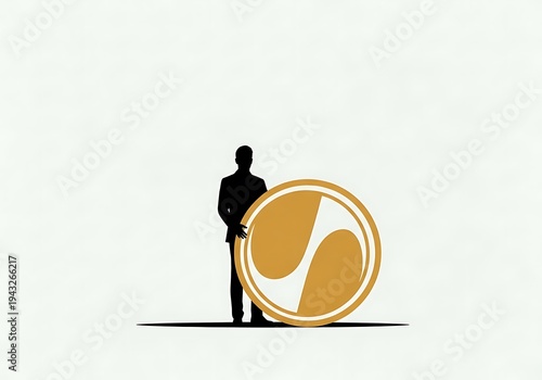 High Quality, Professional Silhouette of a man standing next to a large gold coin with a white and gold design Stock Photo, AI Generated