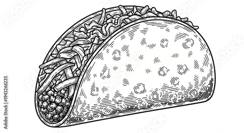 Hand-drawn taco illustration with scratchboard texture, isolated on white.