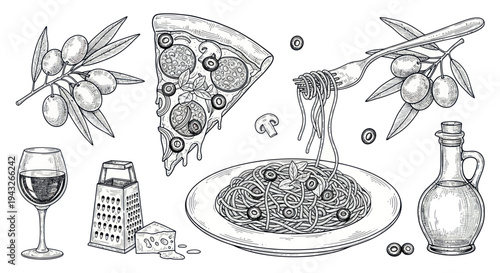 Italian Food Collage: Pizza, Pasta, Olives, Wine, Cheese, Olive Oil & Grater