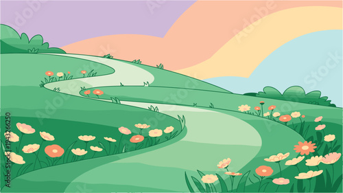 Whimsical cartoon landscape with rolling hills and flowers