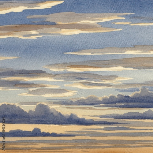 Watercolor painting of a cloudy sky at sunset with blue and beige tones in a horizontal composition art illustration