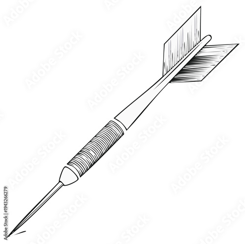 Line art illustration of a dart with a metal point, textured barrel, and feathered fletching