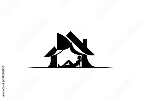 High Quality, Professional woman sitting under house roof silhouette graphic illustration design element for architecture or home concept Stock Photo, AI Generated