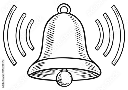 Sketch of Ringing Bell with Sound Waves in Black and White