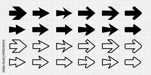 Set of black and white arrows. Various arrow styles, including filled and outlined arrows, pointing in different directions. Element vector set.