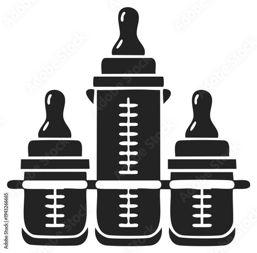 Three black silhouette baby feeding bottles stacked with measurement markings