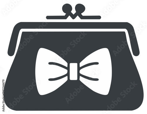 Stylish purse icon with bow. Fashionable clutch or wallet symbol vector illustration. Isolated accessory icon.  Handbag for women.