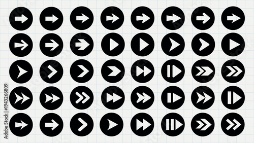 Grid of black circular icons with white arrows. Arrows in various directions: left, right, forward, backward. Play, pause, and skip symbols included. Element vector set.