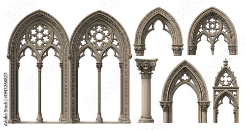 Black and white illustrations of Gothic architectural elements including pointed arches, ornate tracery, and decorative columns, ideal for architectural history, design, or restoration themes.