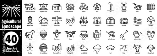 Agricultural landscape line art icons set, for farming and industry vector illustrator.