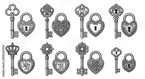 Vintage keys and heart shaped locks in a detailed black and white illustration
