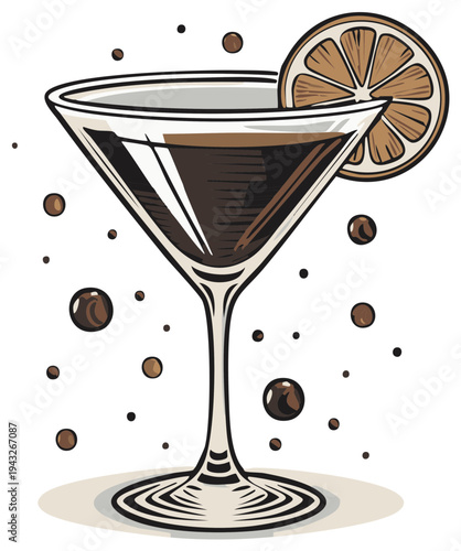 Espresso Martini cocktail with orange garnish and coffee bean accents in a martini glass