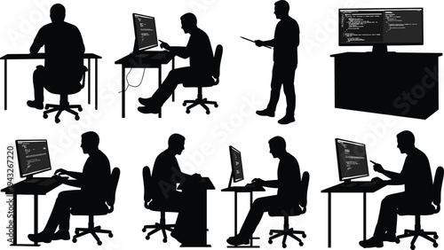 Computer silhouette, programmer pose, coding work, office job, IT worker, software developer, tech occupation, digital workstation