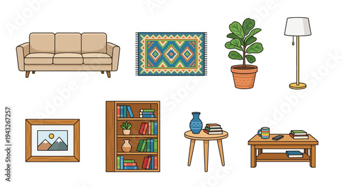 Cartoon living room furniture arrangement with sofa rug and plants