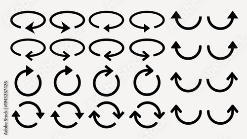 Set of black arrow icons showing various circular and directional movements. Arrows in different orientations, depicting rotation and direction. Element vector set.