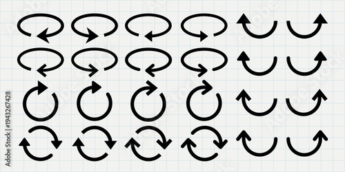 Set of black arrow icons showing various circular and directional movements. Arrows in different orientations, depicting rotation and direction. Element vector set.