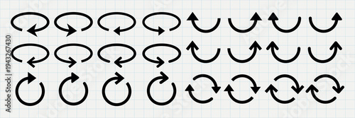 Set of black arrow icons showing various circular and directional movements. Arrows in different orientations, depicting rotation and direction. Element vector set.