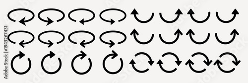 Set of black arrow icons showing various circular and directional movements. Arrows in different orientations, depicting rotation and direction. Element vector set.