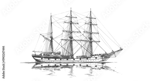 Majestic yacht sailing ship with large sails, cruising on the ocean waves, drawn in an engraved, woodcut style sketch engraving vector illustration. Scratch board. Transparent background SVG version.