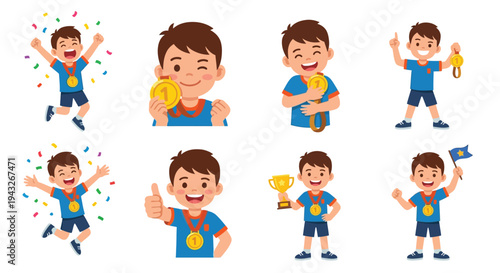 Celebrating boys winners with medals trophies and flags