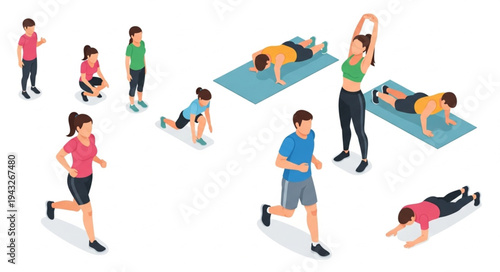 People Exercising in Various Fitness Routines.