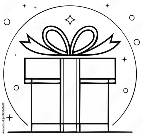 Festive gift box with ribbon bow and sparkling celebratory confetti outline illustration