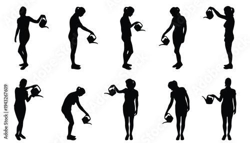 Silhouettes of people watering plants with watering cans