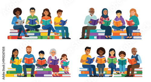 Diverse group of people reading books while seated on stacks of books