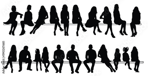 Silhouettes of men and women sitting on a bench people