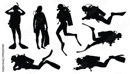 Silhouettes of divers and scuba gear, illustrating underwater exploration and activity