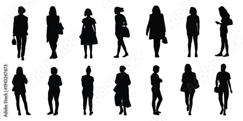 Silhouettes of diverse women in various fashion styles and poses, standing and walking, on white background.