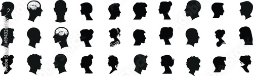 Silhouettes of diverse human heads and profiles representing different genders and ages