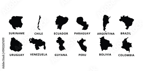 Silhouettes of eleven South American countries with their names: Suriname, Chile, Ecuador, Paraguay, Argentina, Brazil, Uruguay, Venezuela, Guyana, Peru, Bolivia, Colombia