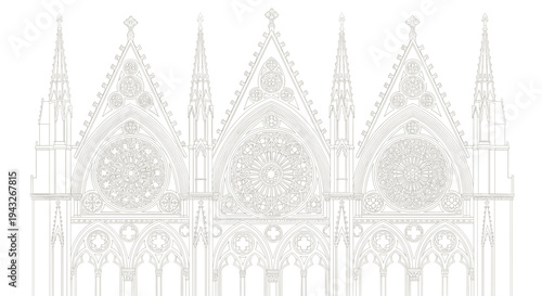 Detailed vector line-art illustration of Gothic cathedral facade with rose windows, pointed arches, spires, pinnacles, and flying buttresses, symbolizing medieval architecture