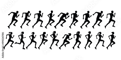 Silhouettes of male and female runners in motion for sports and fitness themes