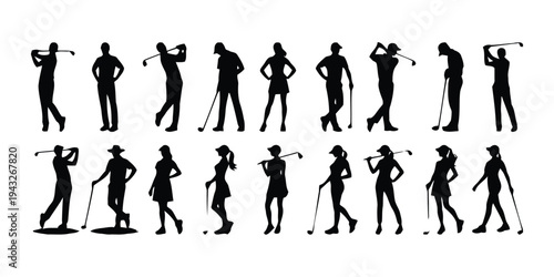 Silhouettes of male and female golfers in action