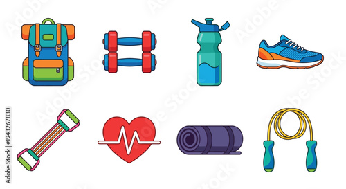 Fitness equipment and accessories in a colorful cartoon illustration