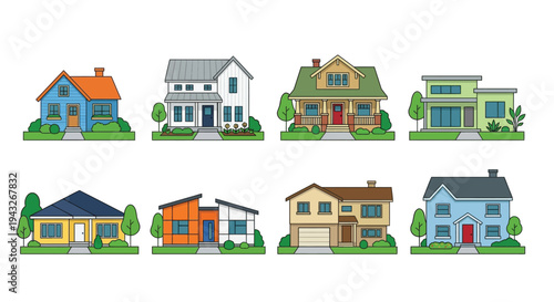 Colorful illustration of various suburban houses with different architectural styles